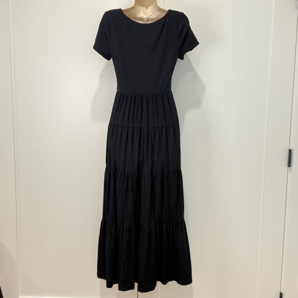 Maeve Anthropologie Gillian Tiered Maxi Dress Short Sleeve Black Small Boho - Picture 5 of 12